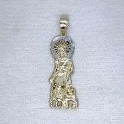 14K TWO- TONE GOLD SAINT LAZARUS CHARM NECKLACE ADORNED WITH CUBIC ZIRCONIA STONES.
