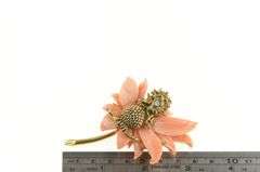 14K Yellow Gold Carved Coral Flower Baby Bird Diamond Pin/Brooch