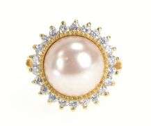 Sterling Silver Retro Pearl CZ Halo Cocktail Statement Ring