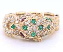 Charming Yellow Gold Emerald, Diamond and Ruby Panther Ring