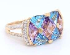 Fantastic Yellow Gold Fancy Cut Blue Topaz, Amethyst and Diamond accent Ring