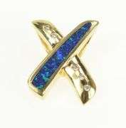 14K Yellow Gold Diamond Syn. Black Opal Inlay X Criss Cross Pendant