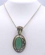 Vintage Sterling Silver Signed Turquoise Pendant on Italian Rope Chain Necklace