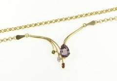 14K Yellow Gold Syn. Alexandrite Diamond Chevron Rolo Chain Necklace