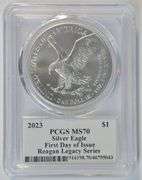 1st Day of Issue 2023 Reagan Legacy Series $1 Eagle. PCGS MS70