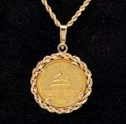 Superb 1990 5 Cent Panda 1/20 Pure Gold Coin Pendant Necklace In 14K Yellow Gold