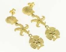 14K Yellow Gold Sea Shell Ocean Beach Motif Star Fish Dangle Earrings