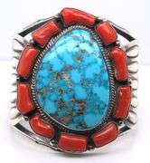 American Indian Najavo Running Bear Turquoise and Coral Cuff