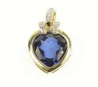 10K Yellow Gold Pear Syn. Sapphire Diamond Vintage Statement Pendant