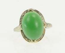 10K White Gold Art Deco Vintage Nephrite Cabochon Statement Ring