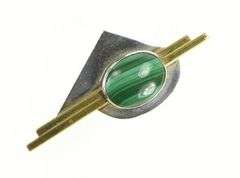 Sterling Silver Modernist Malachite Cabochon Geometric Pin/Brooch