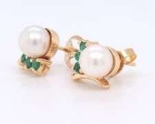 Fabulous Yellow Gold Pearl and Emerald Stud Earrings