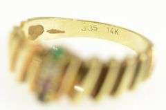 14K Yellow Gold Grooved Diamond Emerald Ruby Vintage Ring
