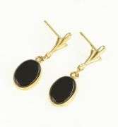 14K Yellow Gold Oval Black Onyx Retro Vintage Dangle Earrings
