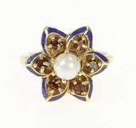 14K Yellow Gold Pearl Garnet Blue Enamel Flower Cocktail Ring