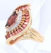 Attractive Marquoise Garnet and Bagget Diamond Ring
