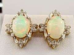 14kt Gold Plated Sterling Silver, Opal, & Diamond Earrings