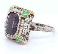 Antique White Gold Synthetic Alexandrite, Seed Pearl and Enamel Ring