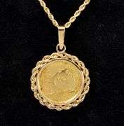 Superb 1990 5 Cent Panda 1/20 Pure Gold Coin Pendant Necklace In 14K Yellow Gold