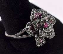 Black And Pink CZ Flower Ring In Sterling Silver