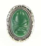 Sterling Silver Green Agate Carved Tribal Mask Statement Ring
