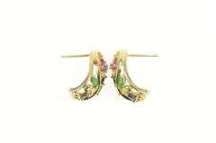 10K Yellow Gold Ruby Diamond Sapphire Flower Curved Earrings
