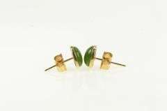 14K Yellow Gold Heart Green Nephrite Cabochon Vintage Stud Earrings