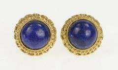 14K Yellow Gold 1960's Ornate Lapis Lazuli Scalloped Stud Earrings