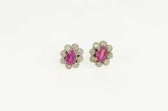 14K White Gold Oval Natural Ruby Diamond Halo Vintage Stud Earrings