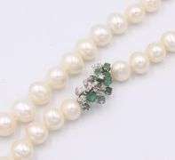 Pearl Necklace with Sterling Silver and Green Cubic Zirconia Clasp