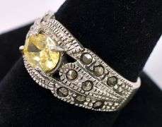 Yellow CZ And Marcasite Gem Ring In Sterling Silver