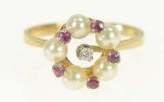 14K Yellow Gold Ruby Diamond Pearl Flower Cluster Statement Ring