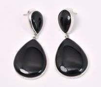 Black Tear Drop Gem Earrings In Sterling Silver
