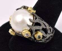 Large Pearl and CZ Ring In Sterling Silver