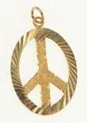 14K Yellow Gold Oval Textured Pattern Peace Symbol Charm/Pendant