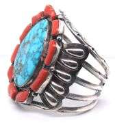 American Indian Najavo Running Bear Turquoise and Coral Cuff