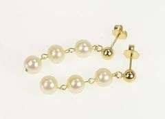 14K Yellow Gold 5.8mm Pearl Dangle Chain Fringe Tassel Earrings