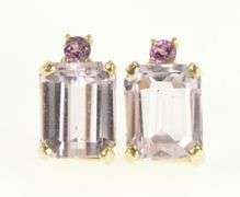 14K Yellow Gold Emerald Cut Pink Topaz Vintage Stud Earrings