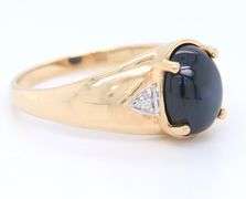 Handsome Yellow Gold Oval Synthetic Blue Star Sapphire and Diamond Accent Men's Ring