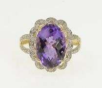 14K Yellow Gold Oval Amethyst Diamond Halo Ornate Cocktail Ring