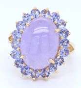 Fabulous Yellow Gold 6.75ct Lavender Jade and Tanzanite Halo Ring