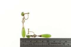 18K Yellow Gold 1960's Nephrite Chinese Screw Back Dangle Earrings