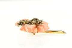 14K Yellow Gold Carved Coral Flower Baby Bird Diamond Pin/Brooch