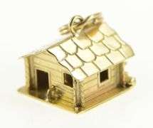 14K Yellow Gold 3D Articulated Log Cabin Home Cauldron Charm/Pendant
