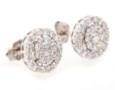 1.00ctw Baguette and Round Diamond Double Halo Stud Earrings in 14K