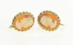 10K Yellow Gold Vintage Carved Shell Cameo Screw Back Earrings