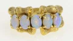 14K Yellow Gold 1960's Ornate Natural Opal Bamboo Statement Ring