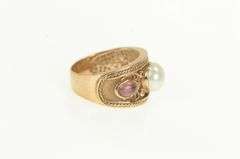 14K Rose Gold Pearl Pink Sapphire Diamond Etruscan Revival Ring
