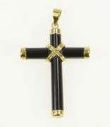 14K Yellow Gold Black Onyx Carved Cross Christian Faith Pendant