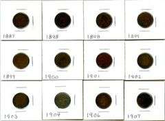12 Assorted Indian Head Cents: 1887-1907